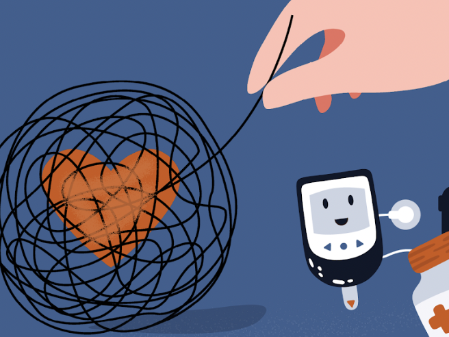 Graphic of a doctor's hand unraveling a string around a heart. Diabetes technology and medications.