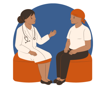 A doctor and person with diabetes are sitting together having a conversation while the doctor makes a gesture with their arm.